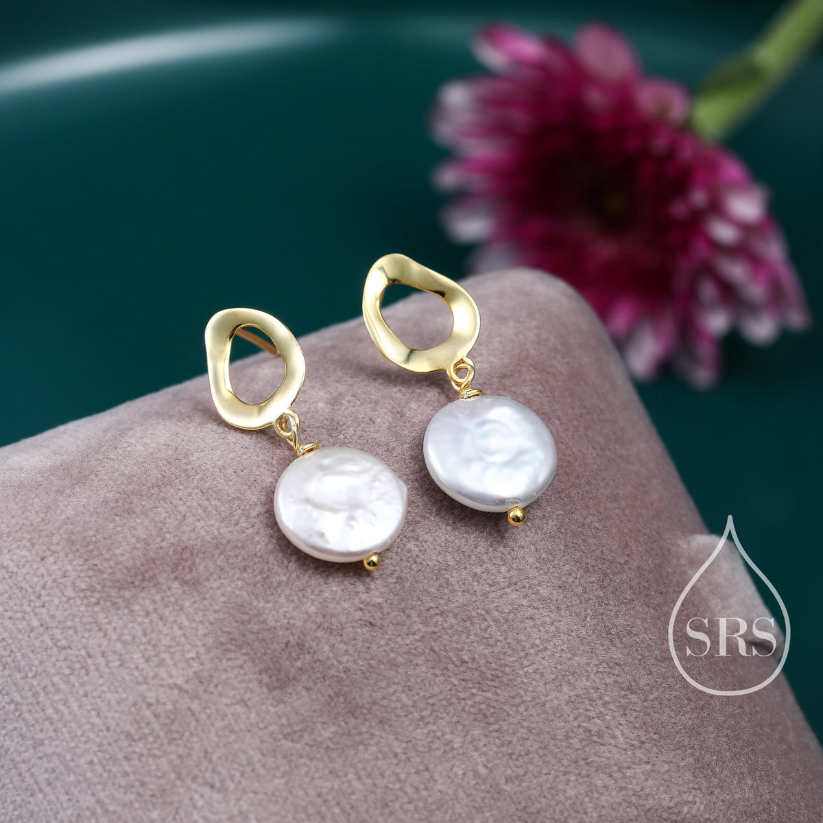 Genuine Freshwater Pearl Drop Stud Earrings, Baroque Pearl, Keshi Pearl, Coin, Sterling silver with 18ct Gold Plating, Contemporary Design