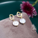 Genuine Freshwater Pearl Drop Stud Earrings, Baroque Pearl, Keshi Pearl, Coin, Sterling silver with 18ct Gold Plating, Contemporary Design