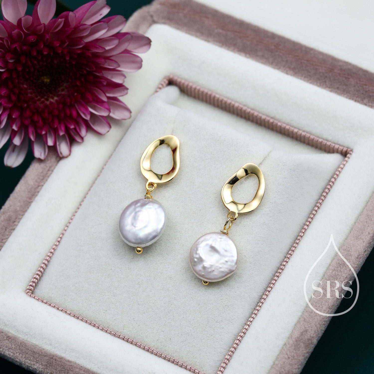 Genuine Freshwater Pearl Drop Stud Earrings, Baroque Pearl, Keshi Pearl, Coin, Sterling silver with 18ct Gold Plating, Contemporary Design