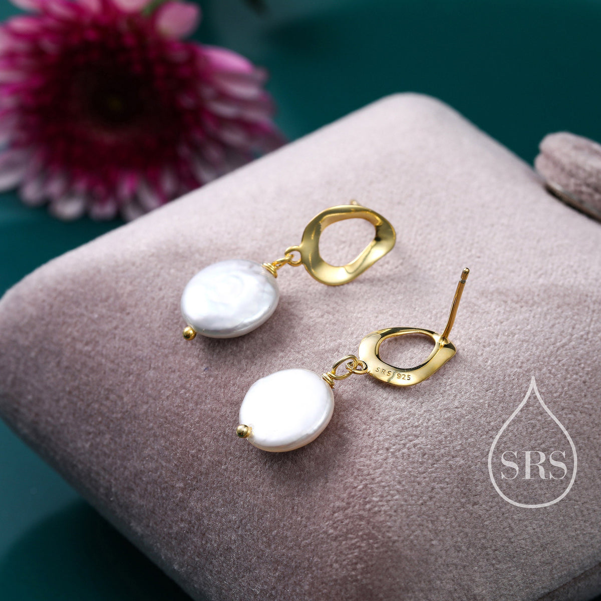 Genuine Freshwater Pearl Drop Stud Earrings, Baroque Pearl, Keshi Pearl, Coin, Sterling silver with 18ct Gold Plating, Contemporary Design