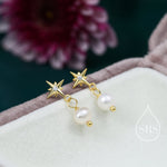 Tiny Starburst and Dangle Pearl Stud Earrings in Sterling Silver, Silver, Gold or Rose Gold, Star Earrings, Sunburst Earrings, Celestial