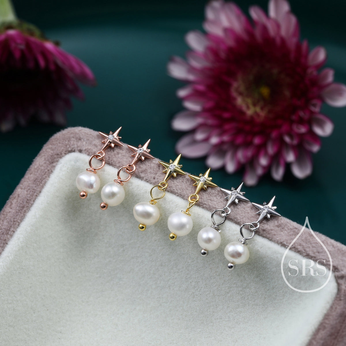 Tiny Starburst and Dangle Pearl Stud Earrings in Sterling Silver, Silver, Gold or Rose Gold, Star Earrings, Sunburst Earrings, Celestial