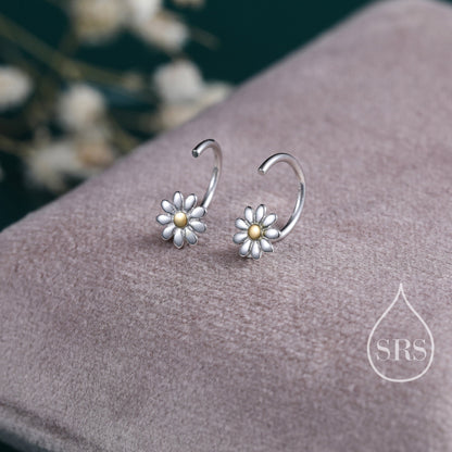 Flower Huggie Hoop Earrings in Sterling Silver, Curved Post Earrings, Open Hoops, Pull-Through Threader Earrings,