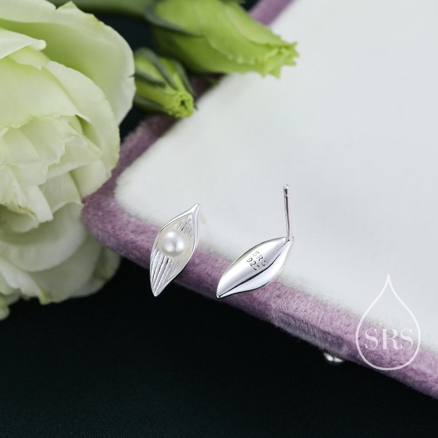 Sterling Silver Calla Lily Flower Blossom Stud Earrings with Fresh Water Pearls, Nature Inspired Pretty and Elegant Jewellery