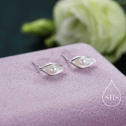 Sterling Silver Calla Lily Flower Blossom Stud Earrings with Fresh Water Pearls, Nature Inspired Pretty and Elegant Jewellery D26