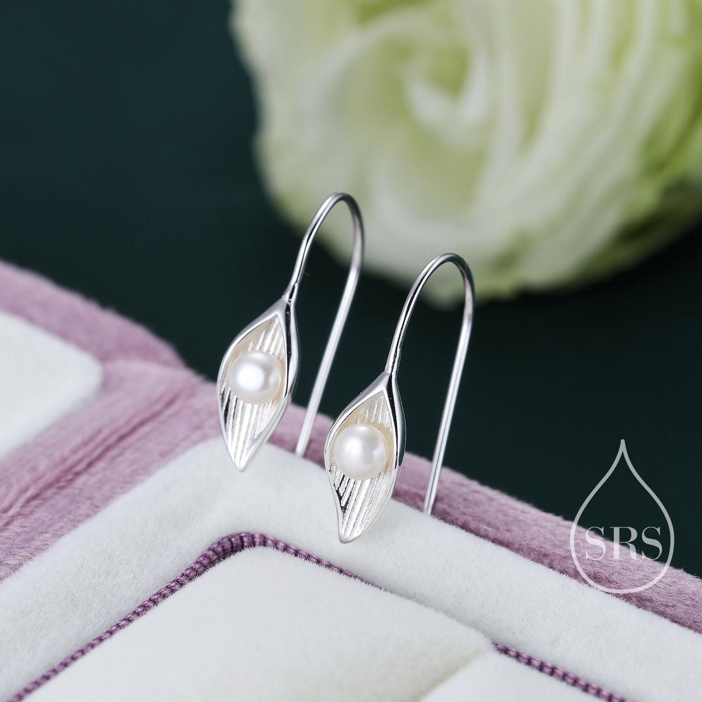 Sterling Silver Calla Lily Flower Hook Earrings with Fresh Water Pearls, Nature Inspired Pretty and Elegant Jewellery