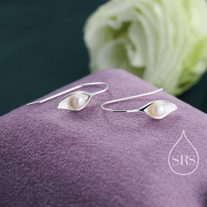 Sterling Silver Calla Lily Flower Hook Earrings with Fresh Water Pearls, Nature Inspired Pretty and Elegant Jewellery