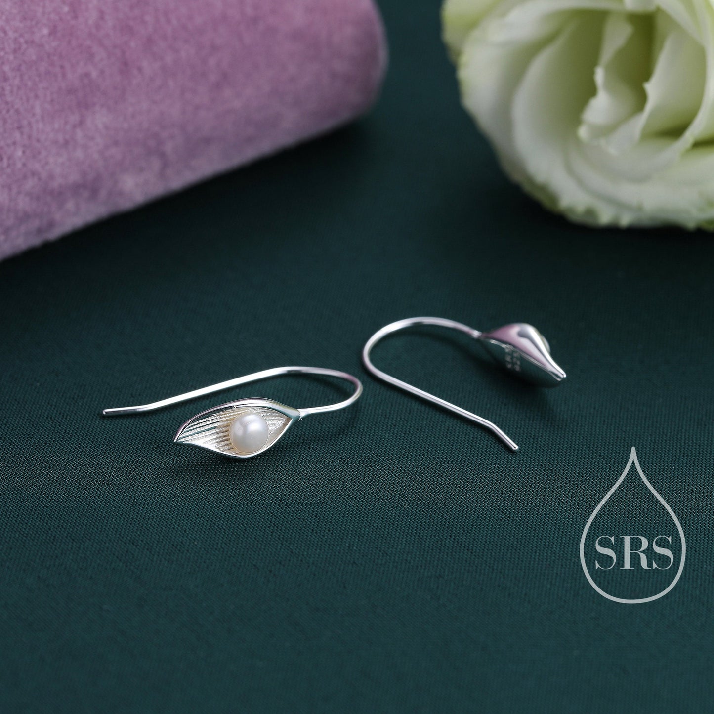 Sterling Silver Calla Lily Flower Hook Earrings with Fresh Water Pearls, Nature Inspired Pretty and Elegant Jewellery