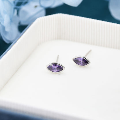 Amethyst Purple Marquise CZ Stud Earrings in Sterling Silver, Tiny Amethyst Stud, Tiny Purple Stud, February Birthstone