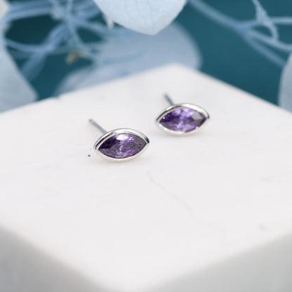 Amethyst Purple Marquise CZ Stud Earrings in Sterling Silver, Tiny Amethyst Stud, Tiny Purple Stud, February Birthstone