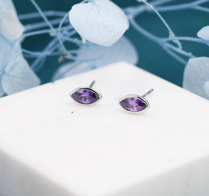 Amethyst Purple Marquise CZ Stud Earrings in Sterling Silver, Tiny Amethyst Stud, Tiny Purple Stud, February Birthstone