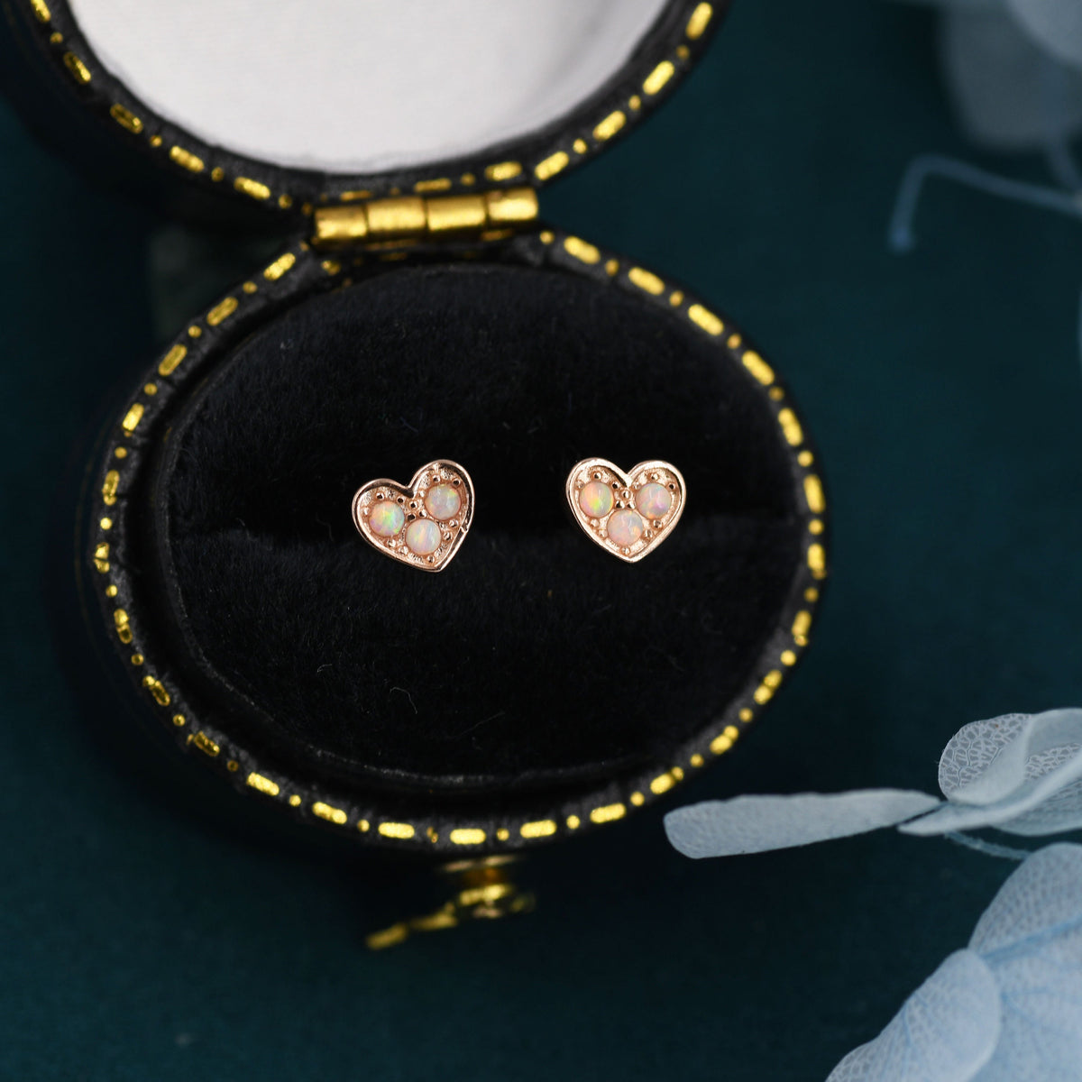 Extra Tiny Opal Heart Stud Earrings in Sterling Silver - Gold, Rose Gold and Silver Petite Stud Earrings