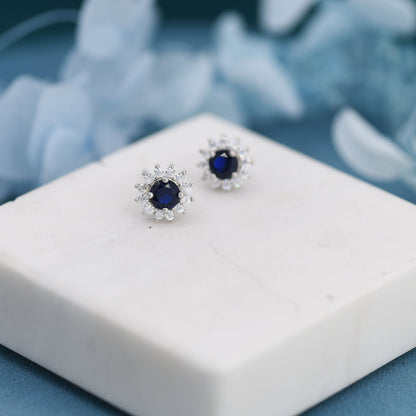 Sapphire Flower Stud Earrings in Sterling Silver, Gold or Silver, Simulated Sapphire Flower Earrings, Blue CZ Flower Earrings