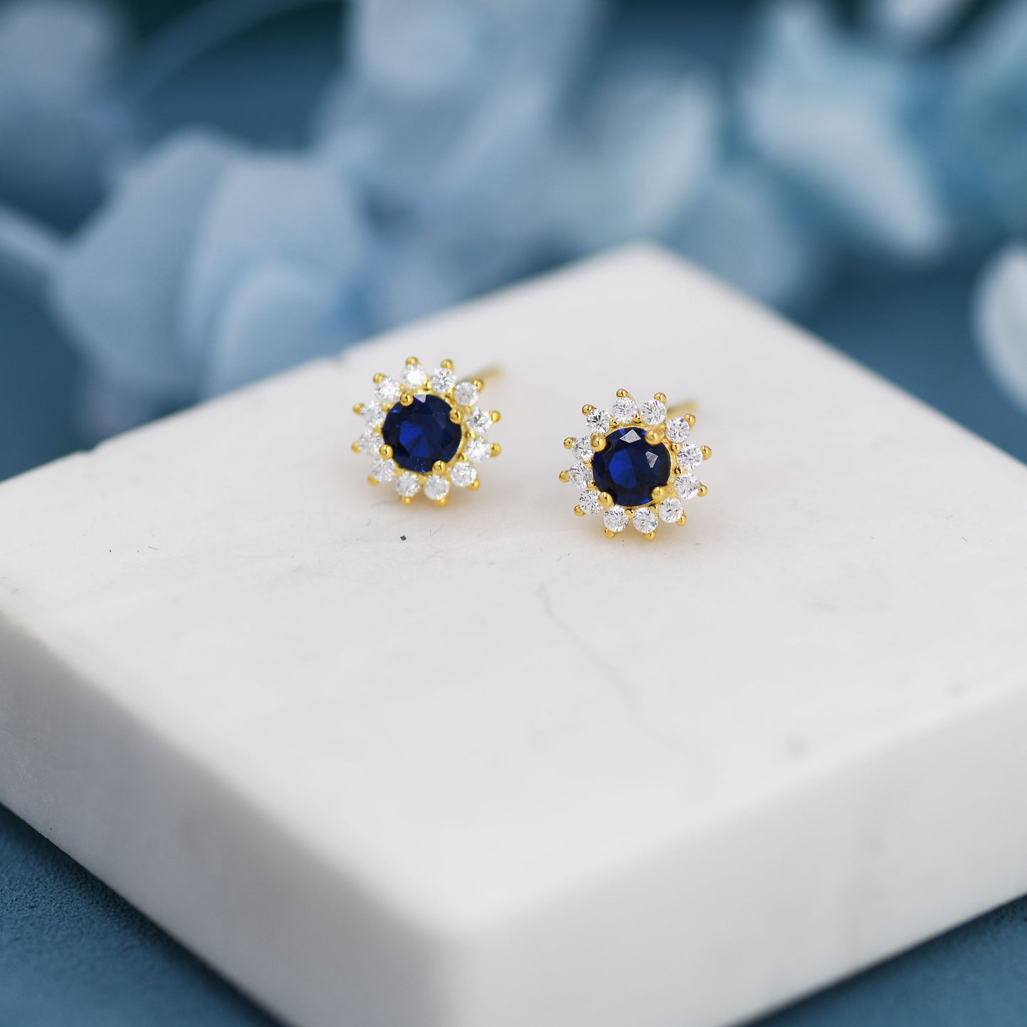 Sapphire Flower Stud Earrings in Sterling Silver, Gold or Silver, Simulated Sapphire Flower Earrings, Blue CZ Flower Earrings