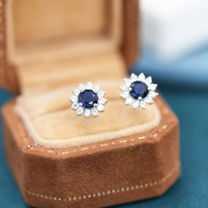 Sapphire Flower Stud Earrings in Sterling Silver, Gold or Silver, Simulated Sapphire Flower Earrings, Blue CZ Flower Earrings