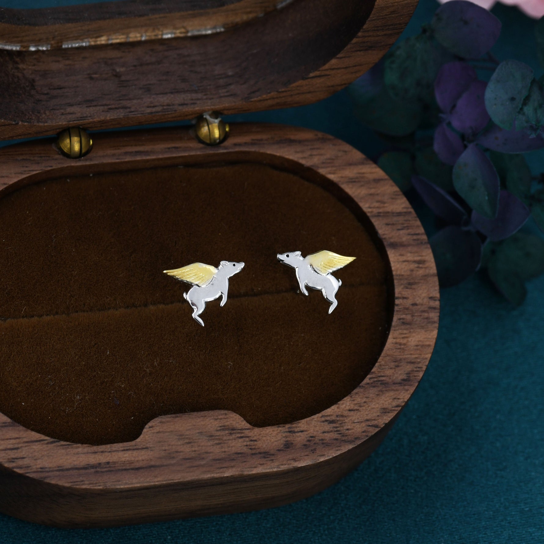 Flying Pig Stud Earrings in Sterling Silver - Pigs Can Fly - Farm Animal Stud Earrings - Cute, Fun, Whimsical