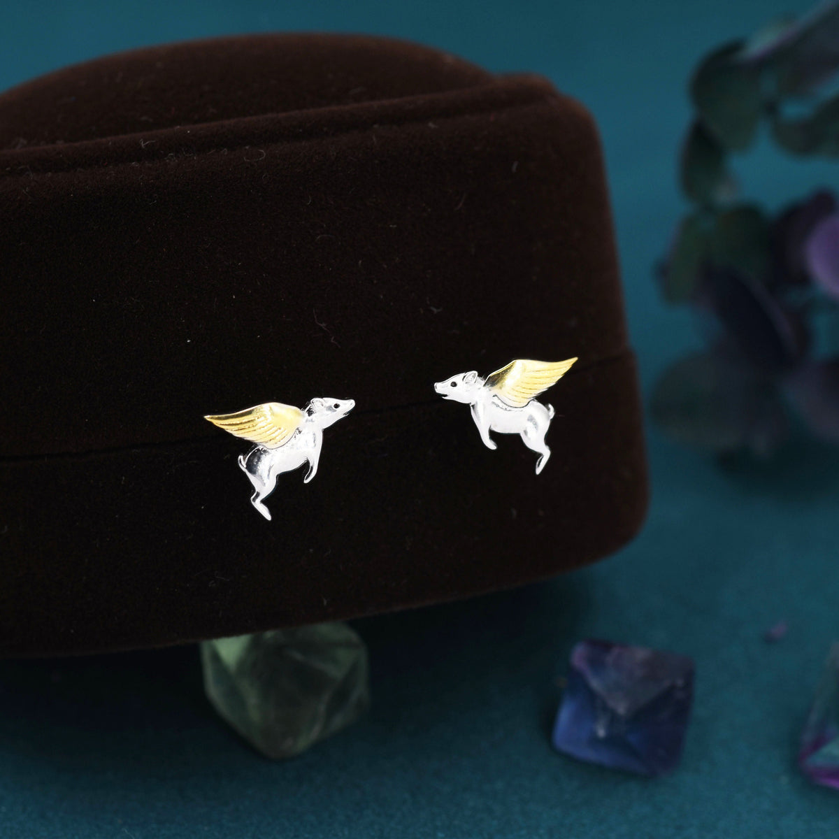Flying Pig Stud Earrings in Sterling Silver - Pigs Can Fly - Farm Animal Stud Earrings - Cute, Fun, Whimsical