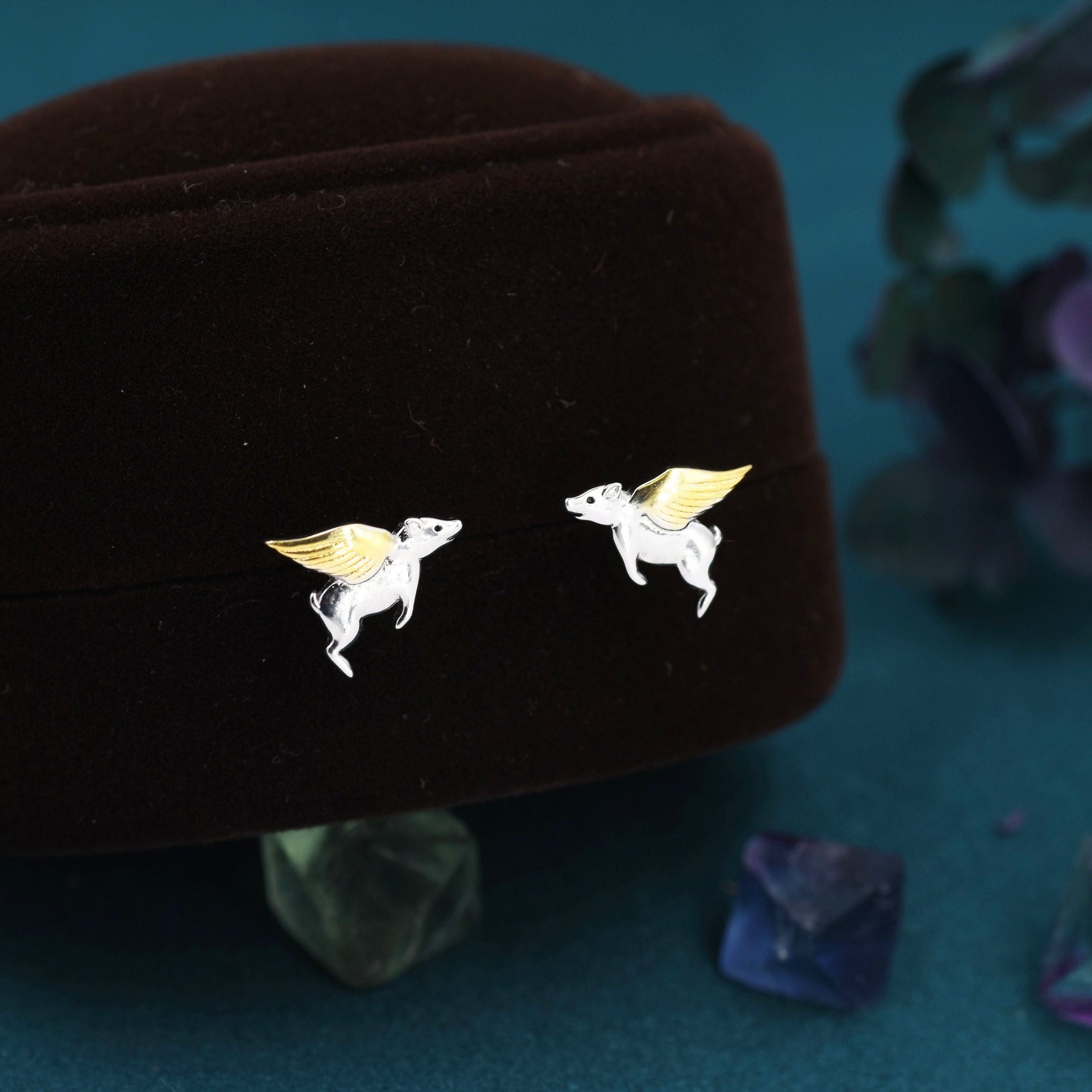 Flying Pig Stud Earrings in Sterling Silver - Pigs Can Fly - Farm Animal Stud Earrings - Cute, Fun, Whimsical