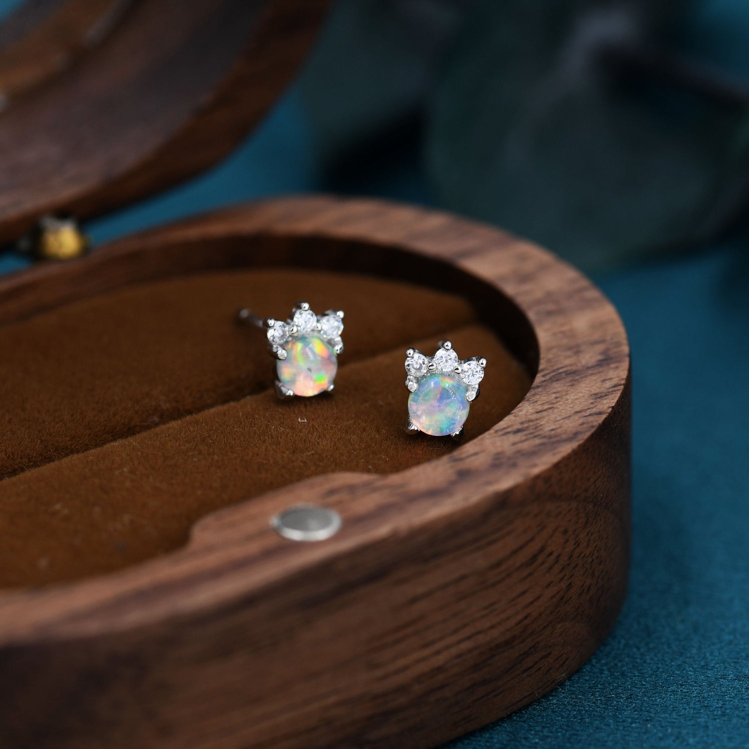 Tiny Opal with CZ Stud Earrings in Sterling Silver, Silver, Gold or Rose Gold, Vintage Inspired Design, Opal Crown Earrings Crown Stud