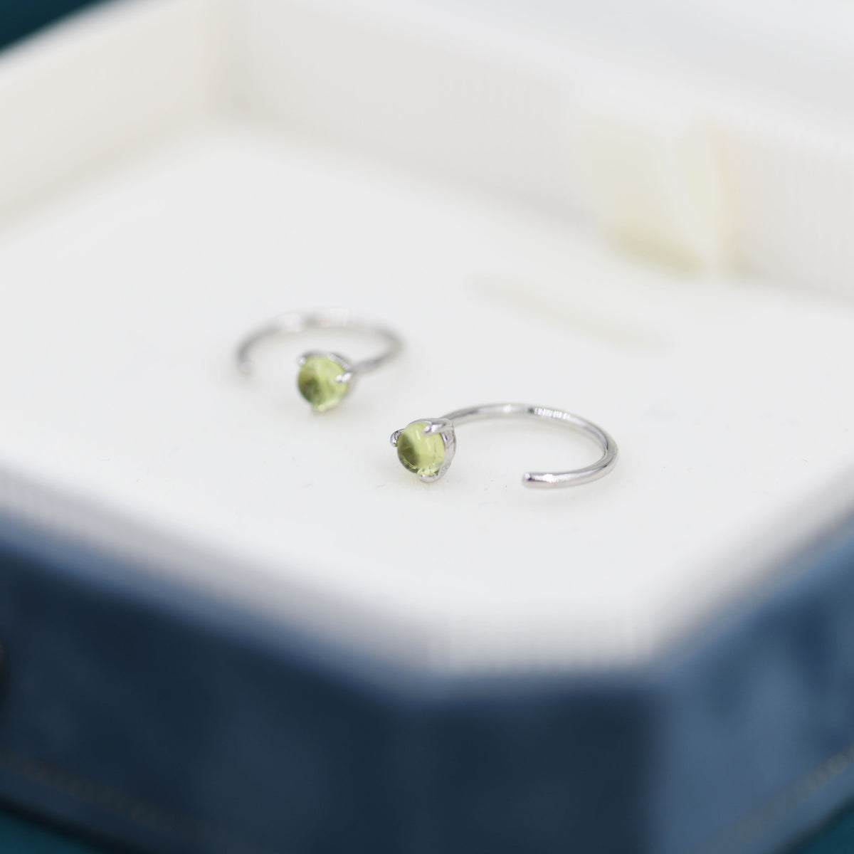 Natural Peridot Huggie Hoop Threader Earrings in Sterling Silver, 3mm Three Prong, Gold or Silver, Pull Through Open Hoops