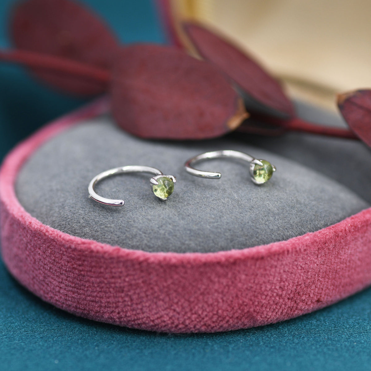 Natural Peridot Huggie Hoop Threader Earrings in Sterling Silver, 3mm Three Prong, Gold or Silver, Pull Through Open Hoops