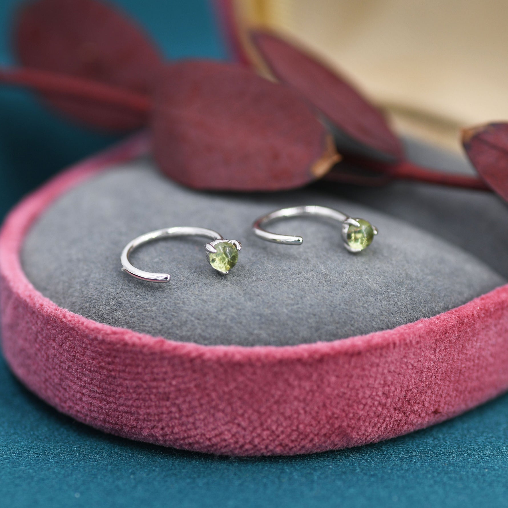 Natural Peridot Huggie Hoop Threader Earrings in Sterling Silver, 3mm Three Prong, Gold or Silver, Pull Through Open Hoops