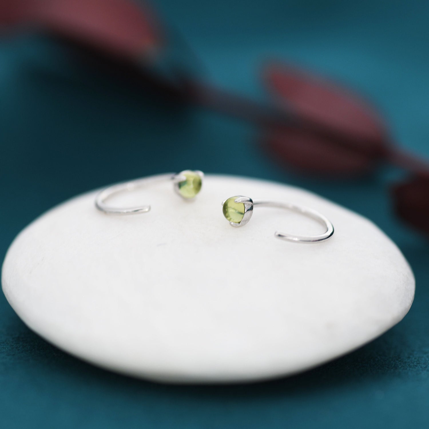 Natural Peridot Huggie Hoop Threader Earrings in Sterling Silver, 3mm Three Prong, Gold or Silver, Pull Through Open Hoops