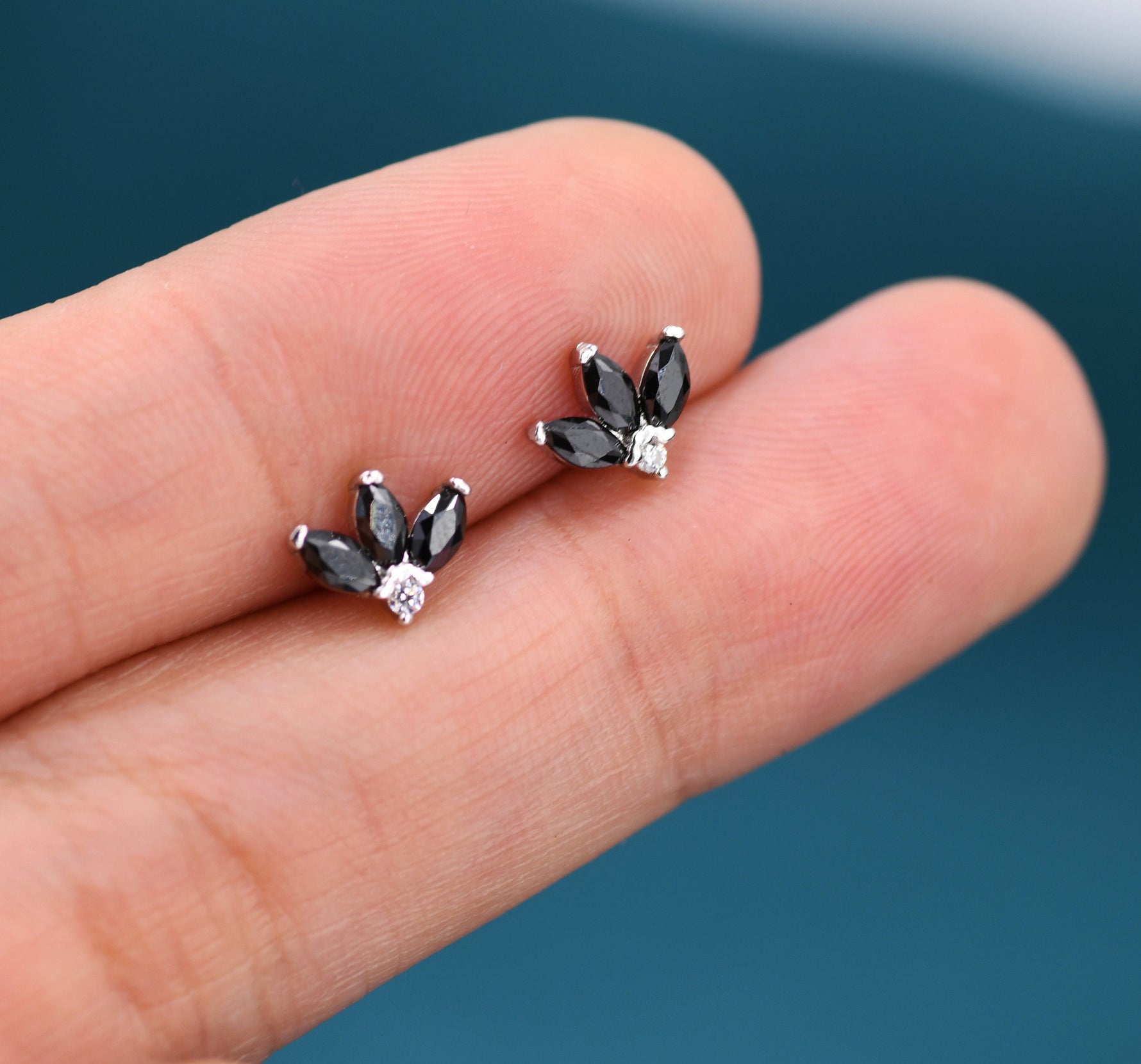 Sterling Silver Black CZ Marquise Cluster Stud Earrings, Gold or Silver, Marquise Fan Stud, CZ Crown Stud, Three Marquise Stud