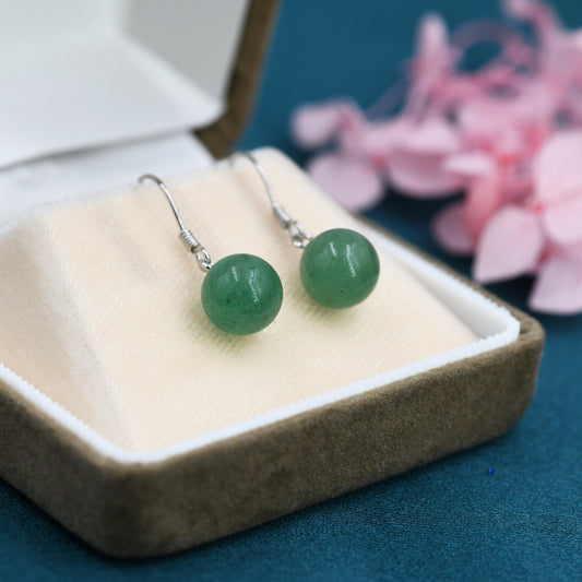 Natural Aventurine Jade Dangle Earrings in Sterling Silver, Silver or Gold,  Genuine Aventurine Crystal Ball Ear Threaders