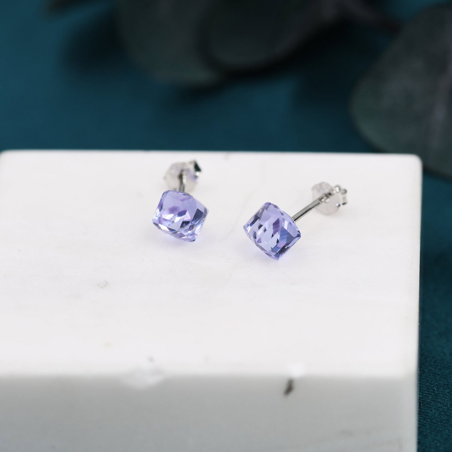 3D Lilac Purple Crystal Cube Stud Earrings in Sterling Silver, Minimalist Glass Crystal Earrings, Square Earrings