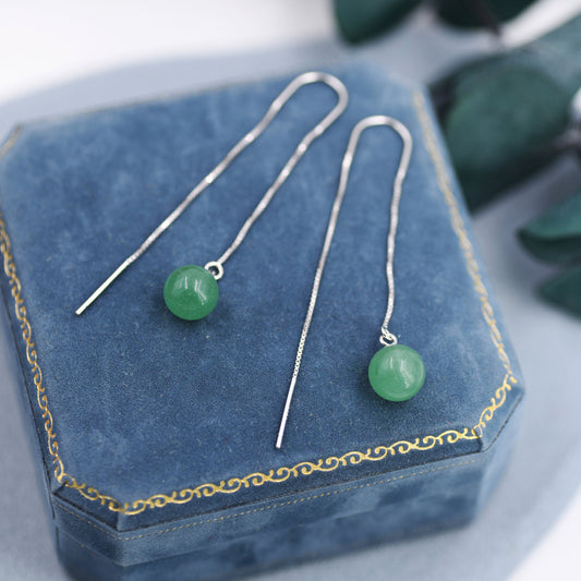 Natural Aventurine Jade Threader Earrings in Sterling Silver, Genuine Aventurine Ball Ear Threaders