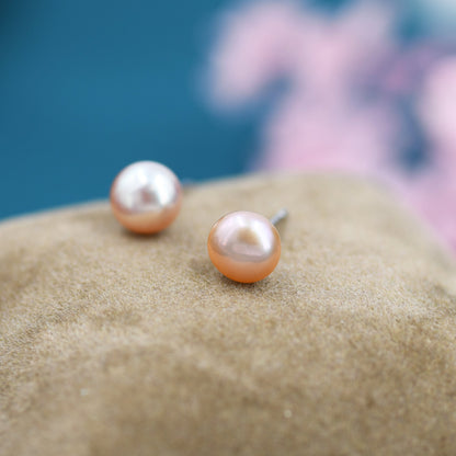 Genuine Purple Pink Pearl Stud Earrings in Sterling Silver, 6mm - 8mm, Small Pearl Stud and Large Pearl Stud, Silver pearl Earrings,