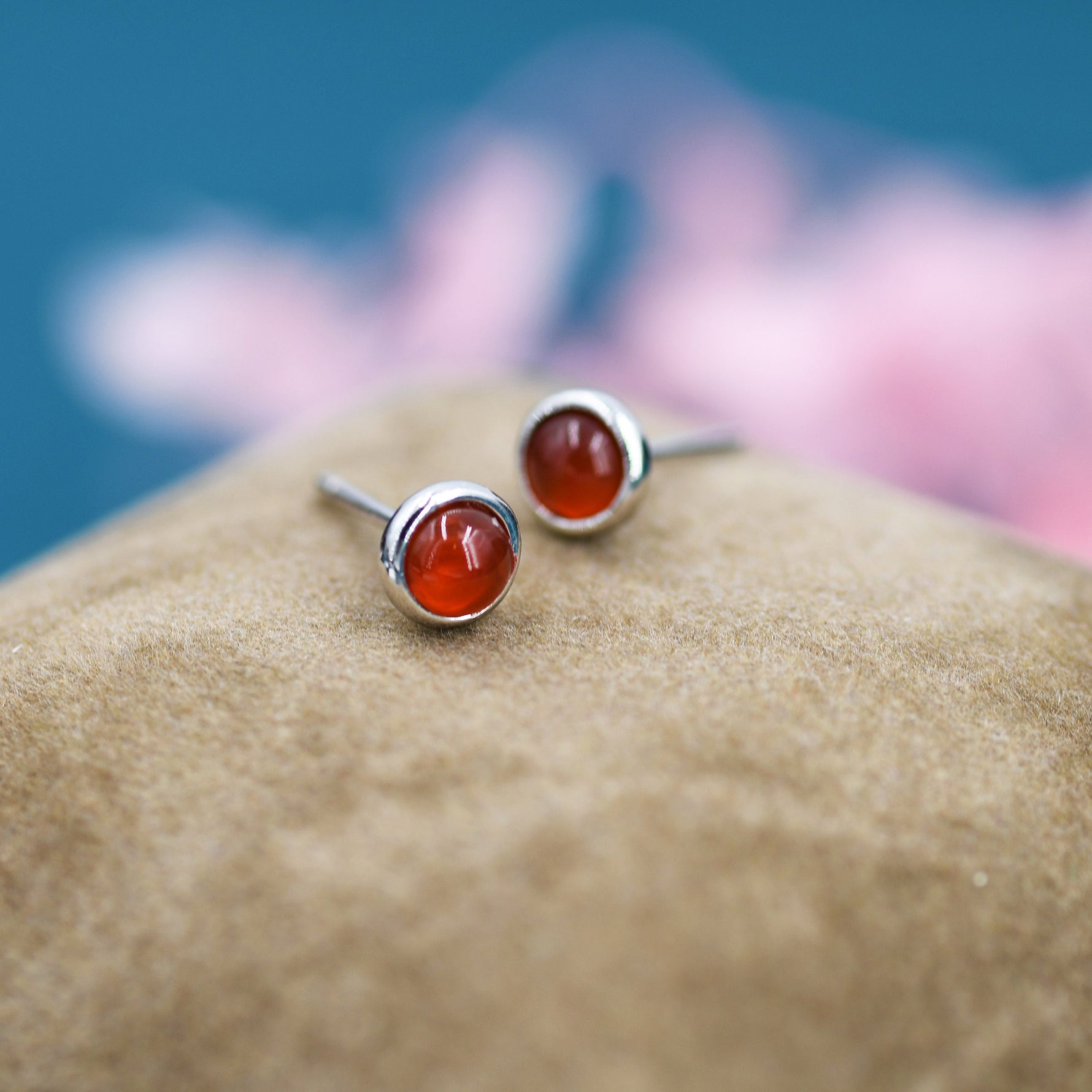Sterling Silver Red Carnelian Stud Earrings, 4mm Genuine Red Carnelian Stone, Semi-precious Jewellery