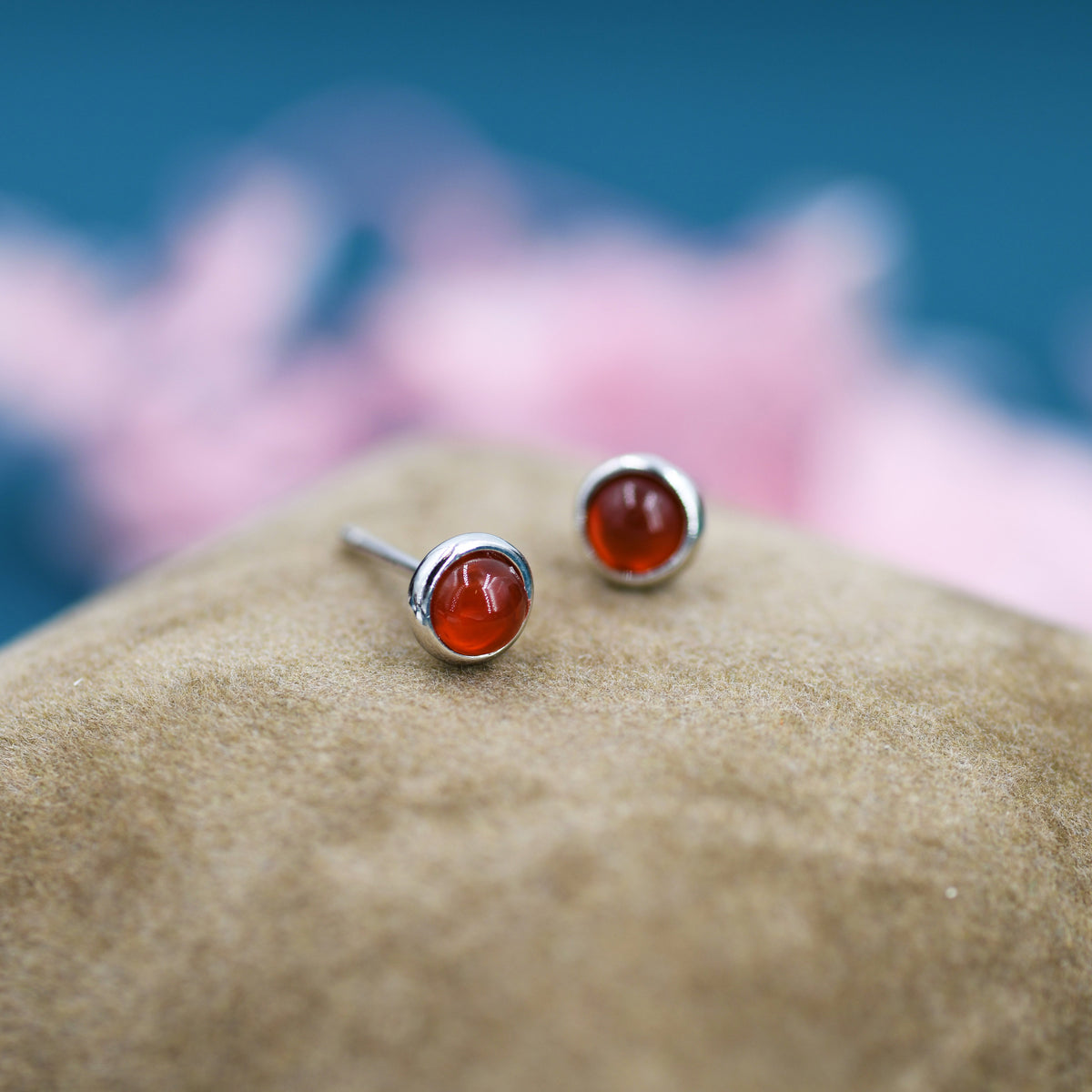Sterling Silver Red Carnelian Stud Earrings, 4mm Genuine Red Carnelian Stone, Semi-precious Jewellery