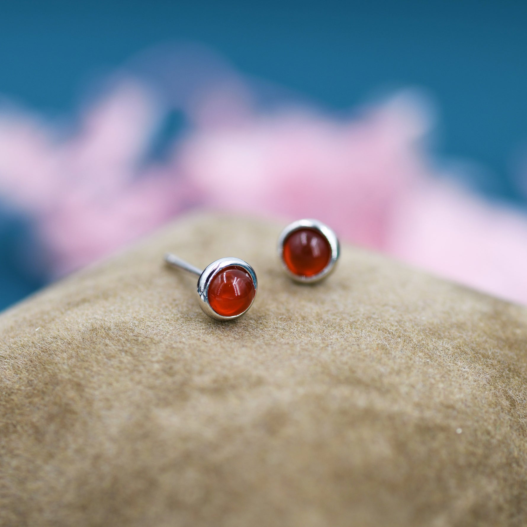 Sterling Silver Red Carnelian Stud Earrings, 4mm Genuine Red Carnelian Stone, Semi-precious Jewellery