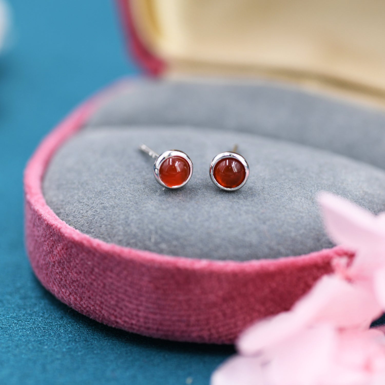 Sterling Silver Red Carnelian Stud Earrings, 4mm Genuine Red Carnelian Stone, Semi-precious Jewellery