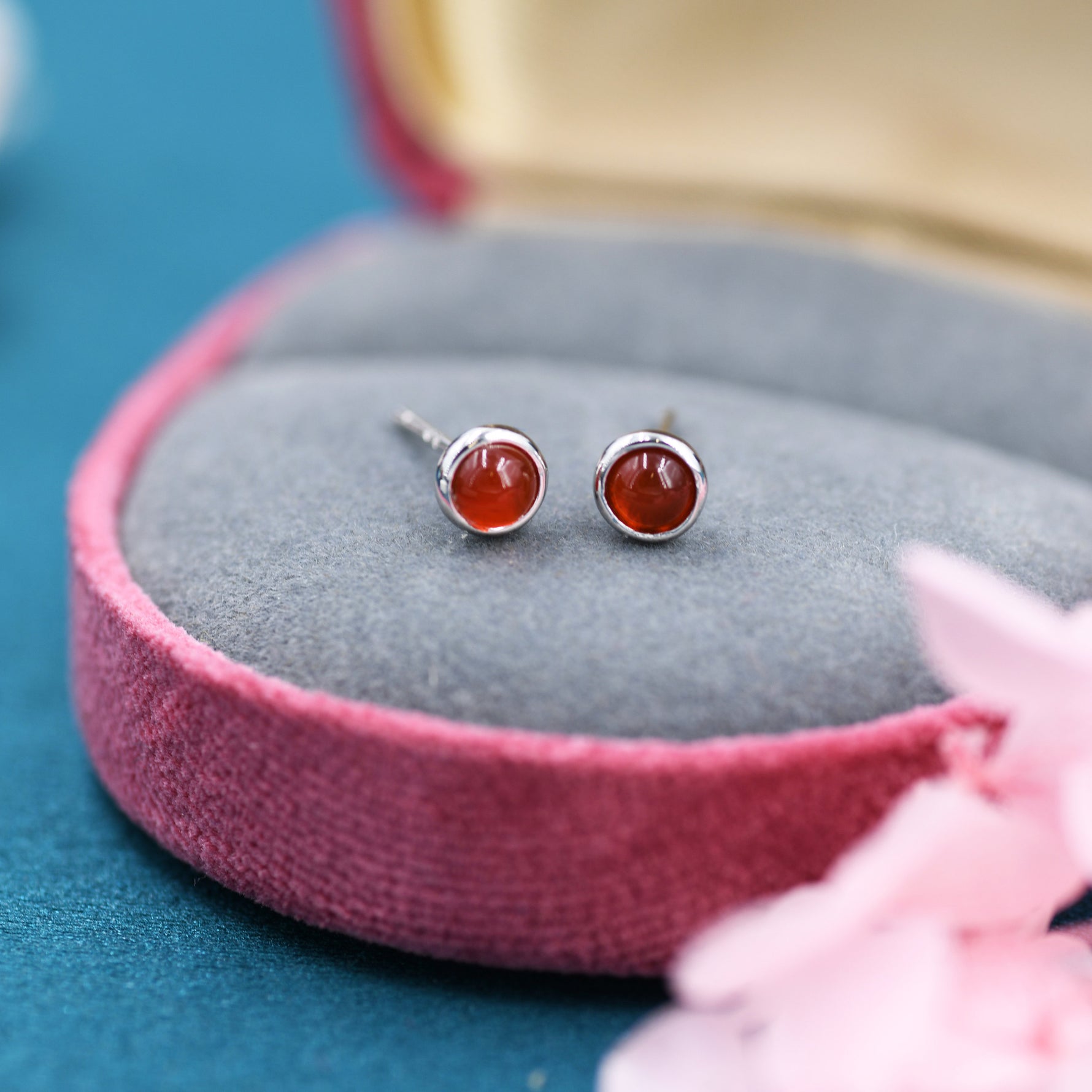 Sterling Silver Red Carnelian Stud Earrings, 4mm Genuine Red Carnelian Stone, Semi-precious Jewellery