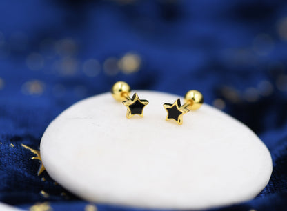 Tiny Black Enamel Star Barbell Earrings in Sterling Silver, Silver or Gold, Screw Back Black Star Earrings, Screwback Earrings