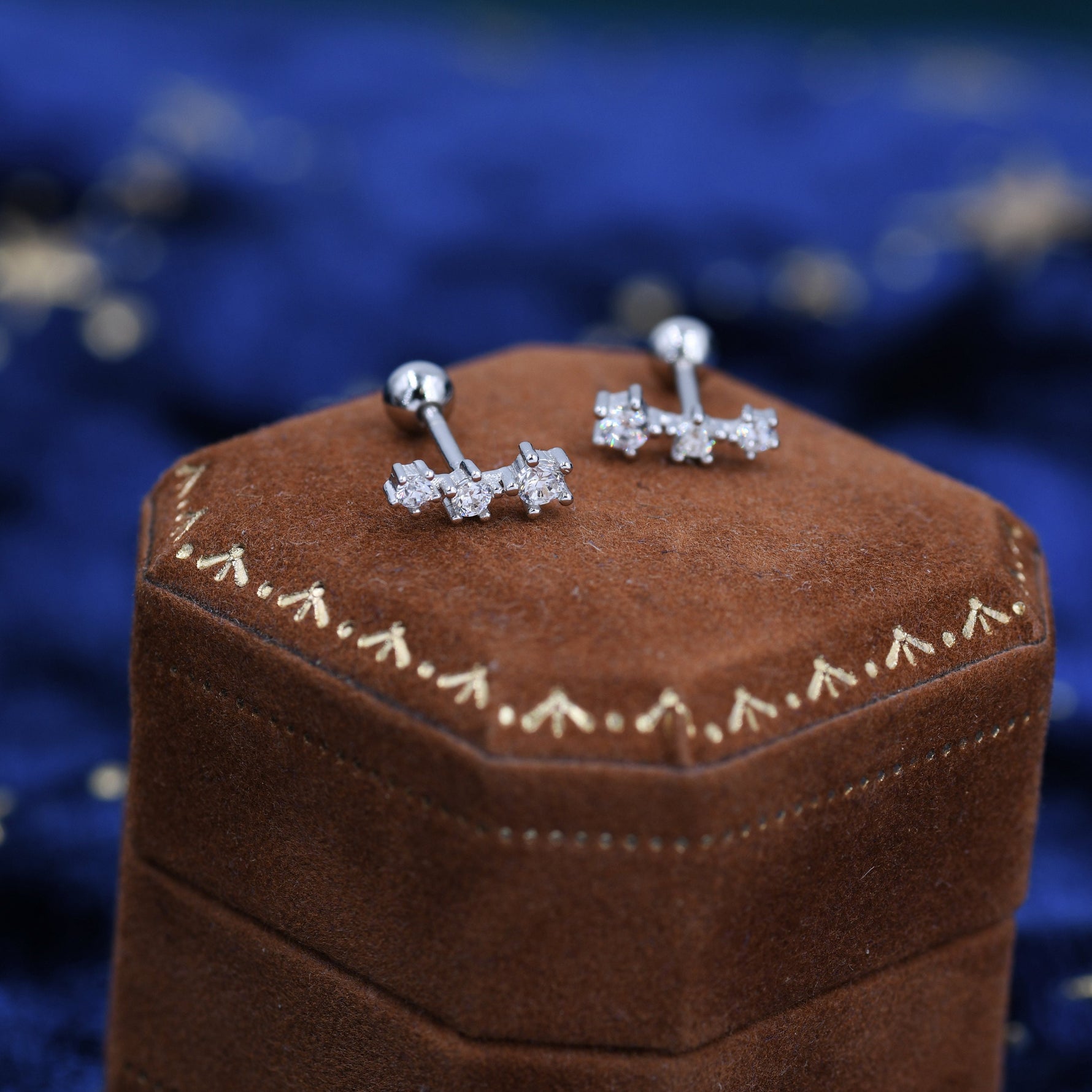 Extra Tiny CZ Trio Screw Back Earrings in Sterling Silver, Silver or Gold, Geometric Tiny Three Star CZ Barbell Earrings, Stacking Earrings