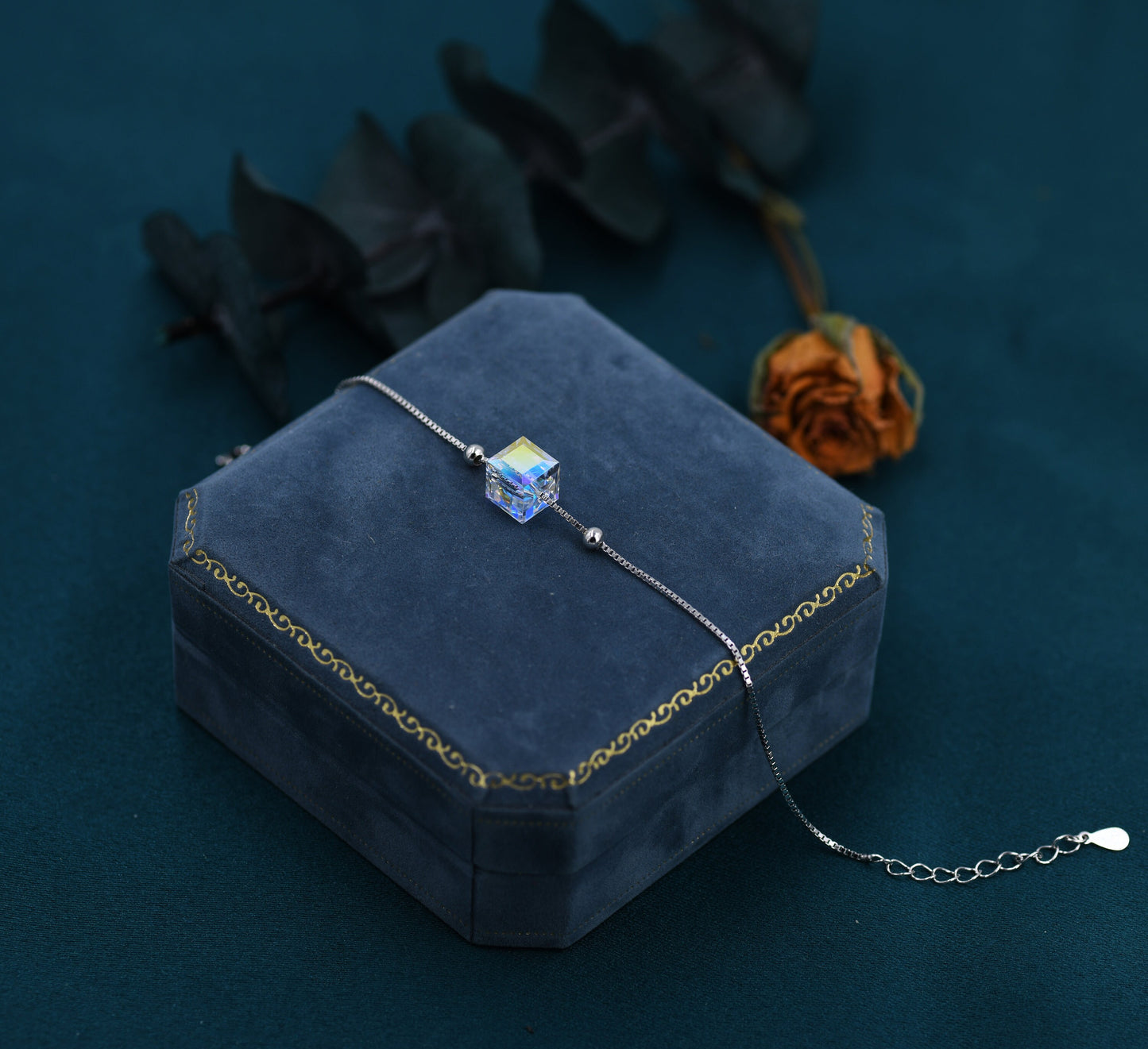 Sterling Silver Aurora Borealis AB Crystal Bracelet, Cube Crystal Bracelet, Sigle Crystal Cube Bracelet, Dainty and Delicate