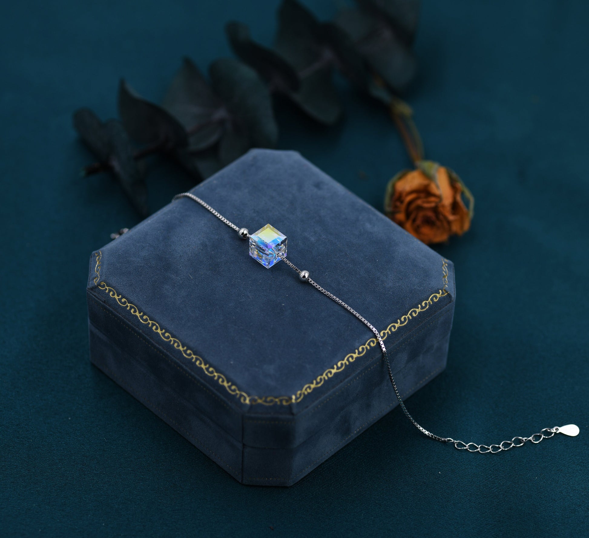 Sterling Silver Aurora Borealis AB Crystal Bracelet, Cube Crystal Bracelet, Sigle Crystal Cube Bracelet, Dainty and Delicate