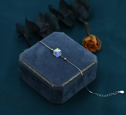 Sterling Silver Aurora Borealis AB Crystal Bracelet, Cube Crystal Bracelet, Sigle Crystal Cube Bracelet, Dainty and Delicate