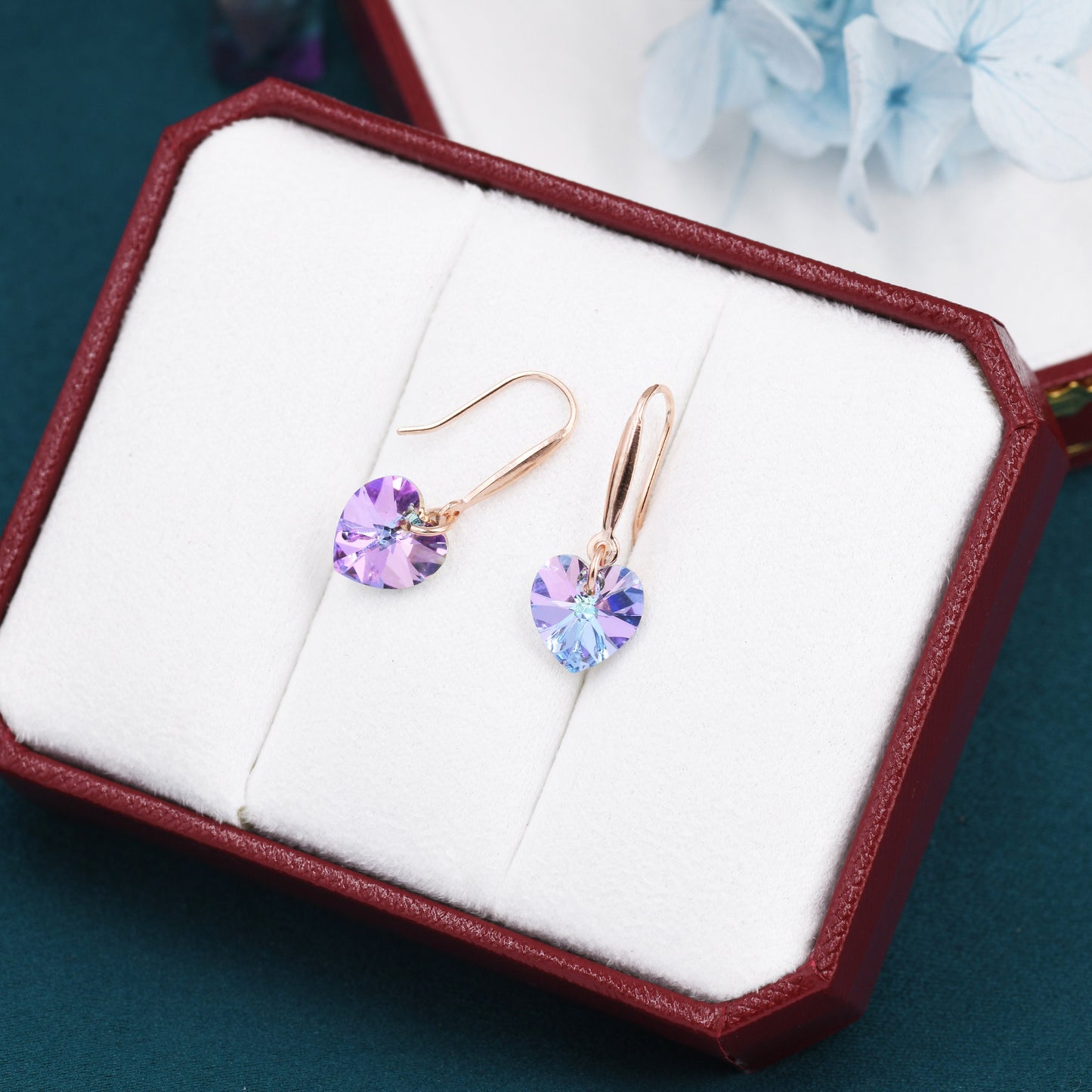 Alexandrite CZ Heart Drop Dangle Earrings in Sterling Silver, Silver or Rose Gold, Blue Crystal Heart Earrings