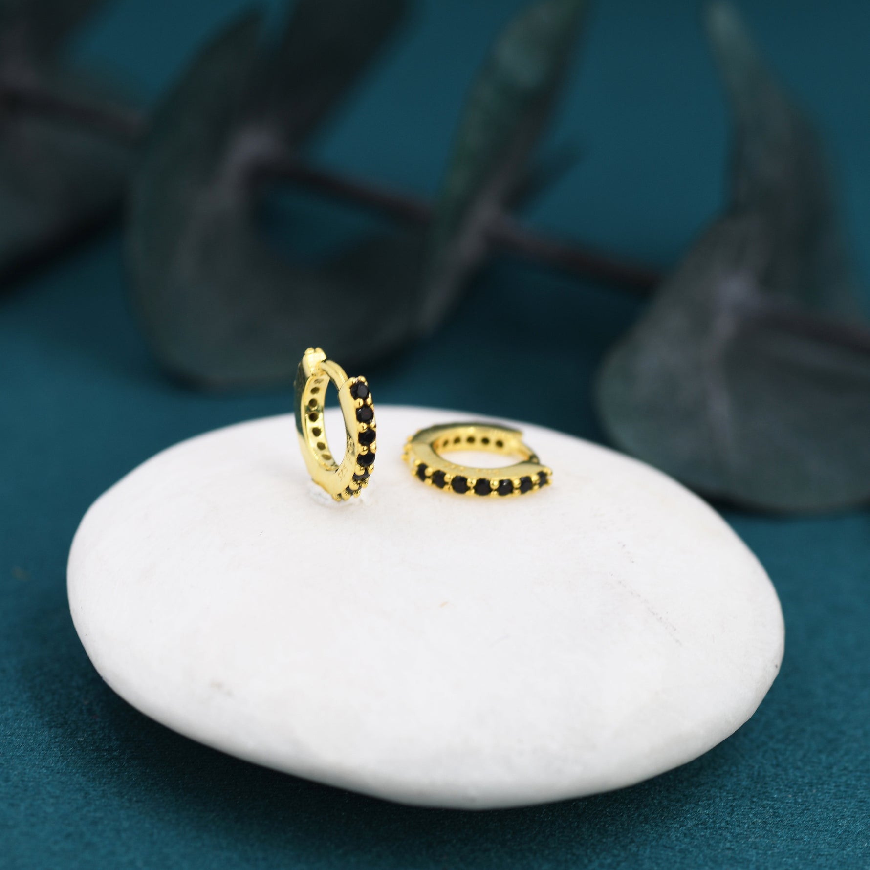 6mm Onyx Black CZ Crystal Huggie Hoops in Sterling Silver, Silver or Gold, Minimalist Hoop Earrings, Cartilage Hoops