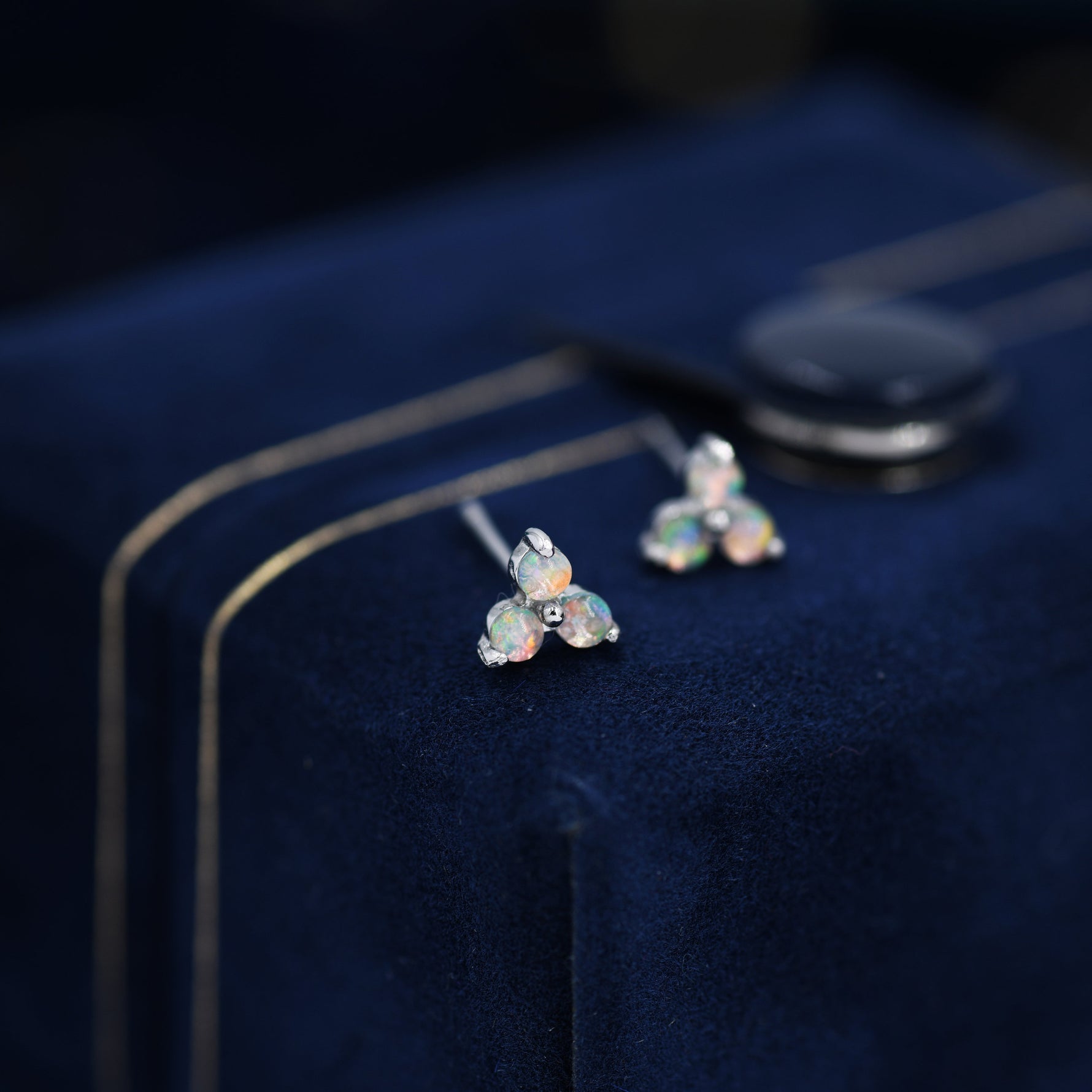 Opal Trio Stud Earrings in Sterling Silver, Silver, Gold or Rose Gold, Dainty Three Dot Opal Earrings