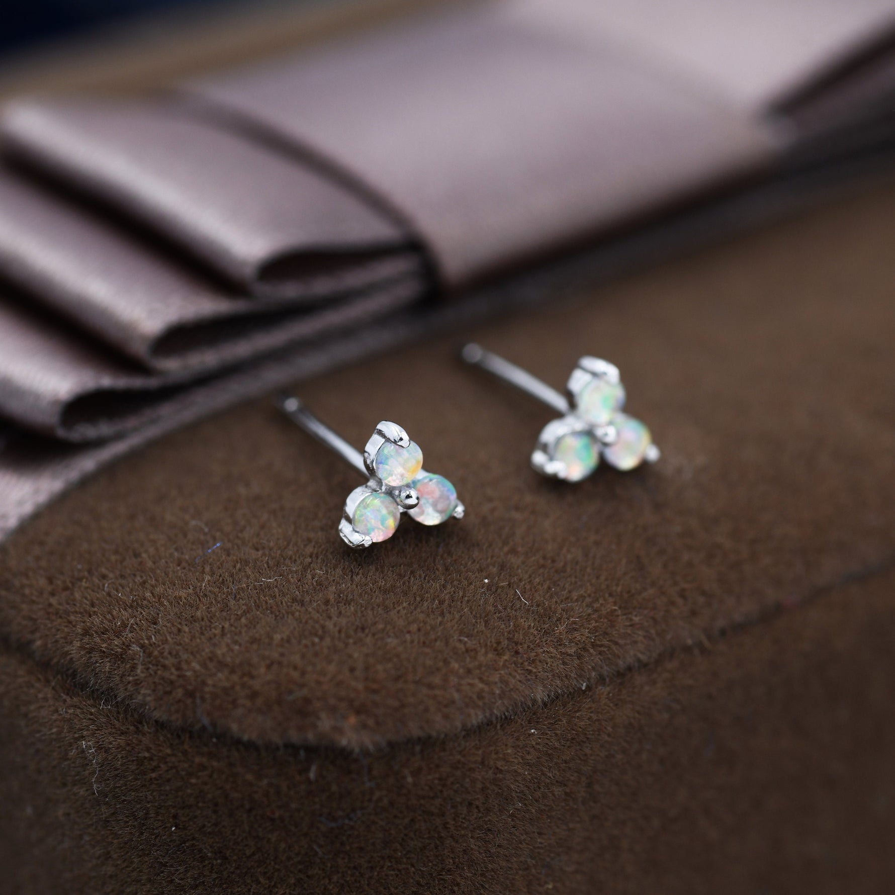 Opal Trio Stud Earrings in Sterling Silver, Silver, Gold or Rose Gold, Dainty Three Dot Opal Earrings