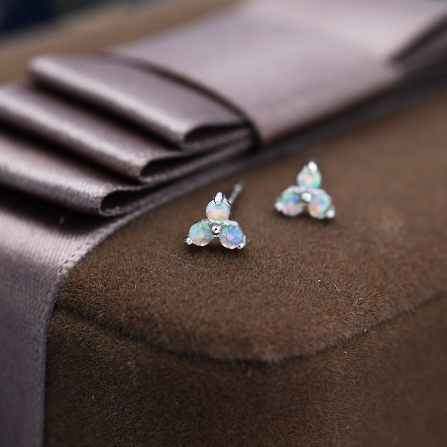 Opal Trio Stud Earrings in Sterling Silver, Silver, Gold or Rose Gold, Dainty Three Dot Opal Earrings