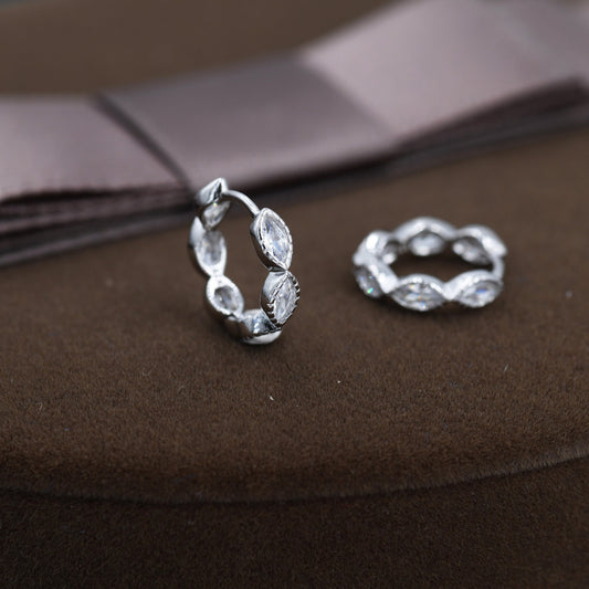 Dotted Marquise CZ Huggie Hoop Earrings in Sterling Silver, 9mm Inner Diameter,  Gold or Silver, Marquise Hoop Earrings