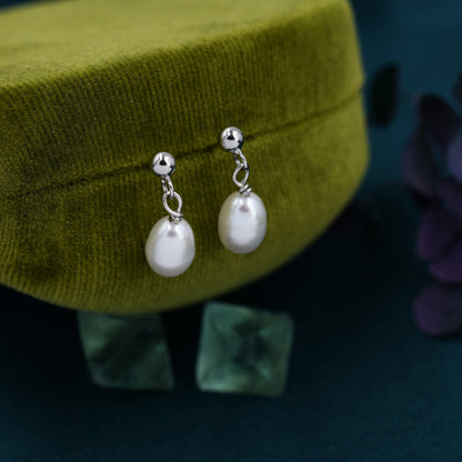 Sterling Silver Pearl Dangle Earrings, Genuine Fresh Water Pearl Drop Earrings, Silver or Gold, Delicate Dangle Pearl Earrings