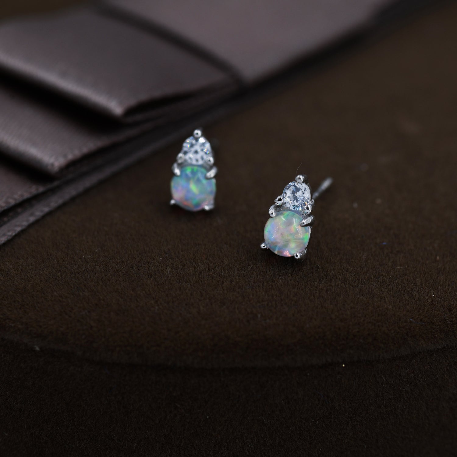 Opal with CZ Stud Earrings in Sterling Silver, Silver, Gold or Rose Gold, Vintage Inspired